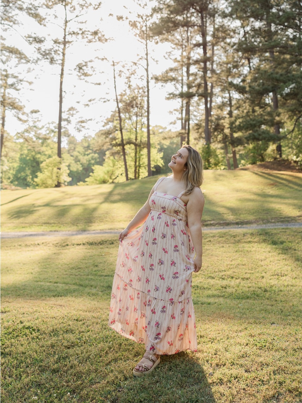 Floral Cream Maxi Dress with Pink Print